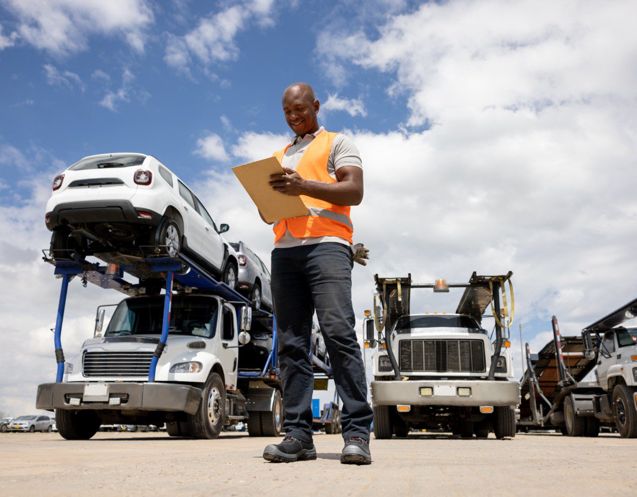 Worker with clipboard at car carrier yard