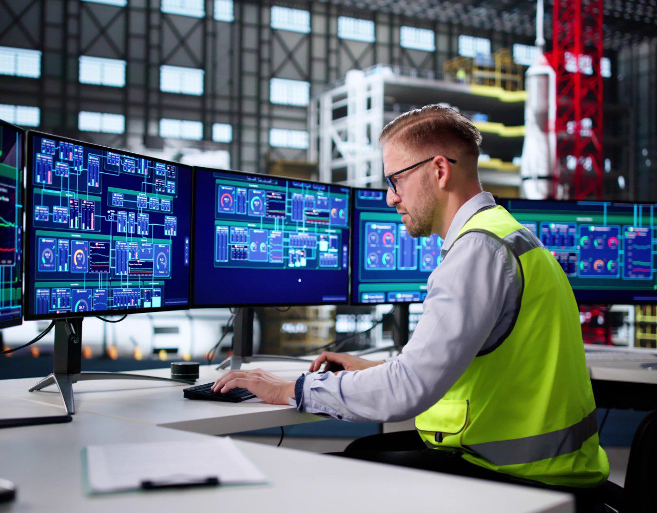 Engineer monitoring industrial control system screens