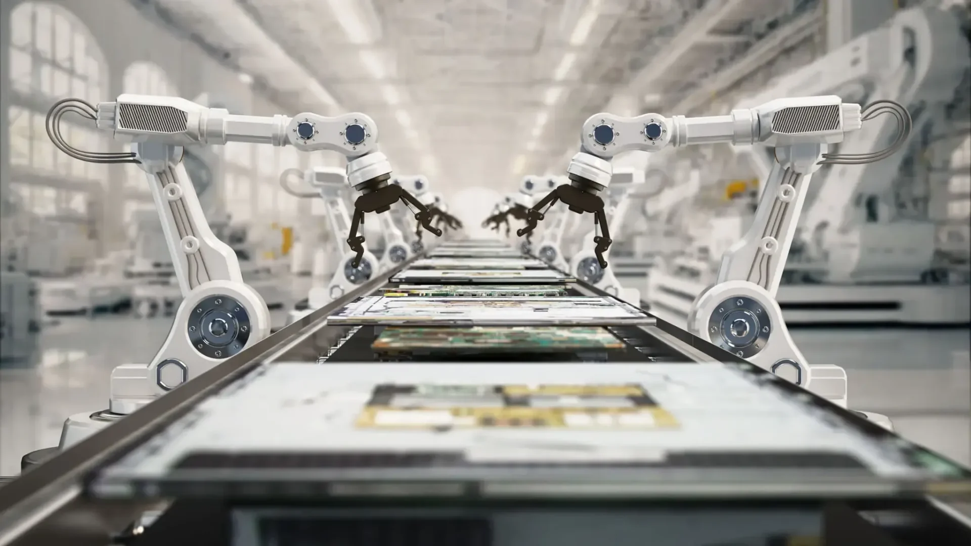Robotic arms assembling electronic circuit boards