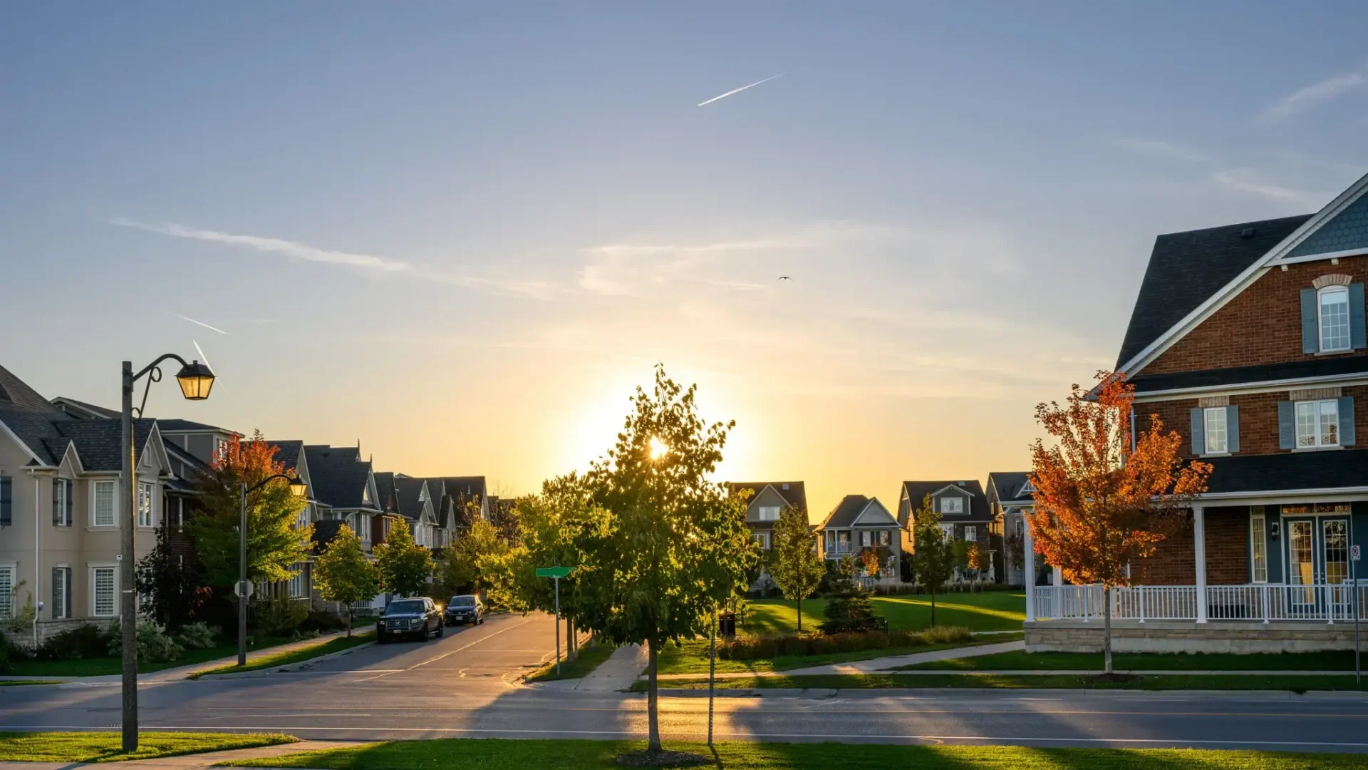 Tree-lined suburban neighborhood street at sunset