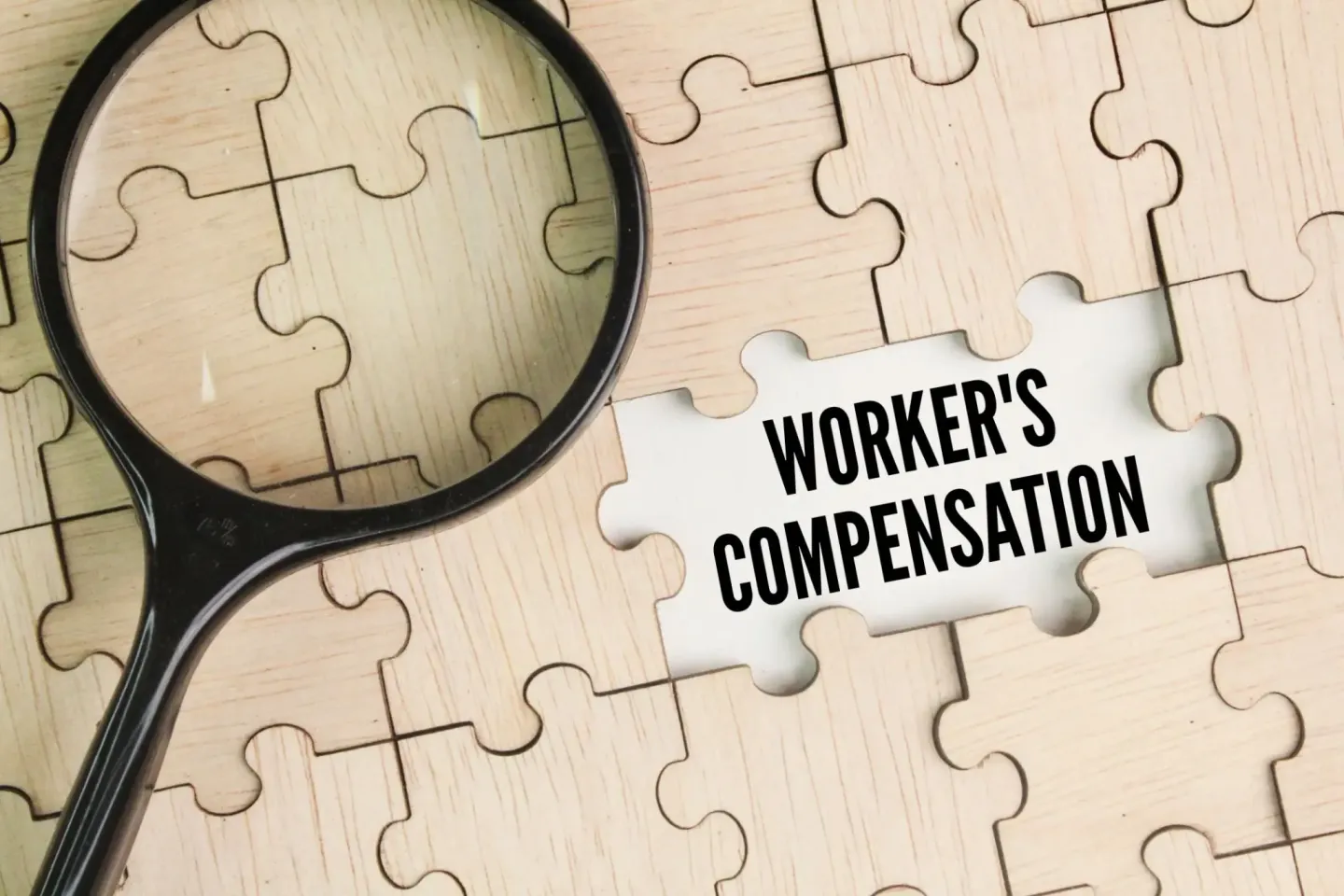Magnifying glass over puzzle revealing worker's compensation